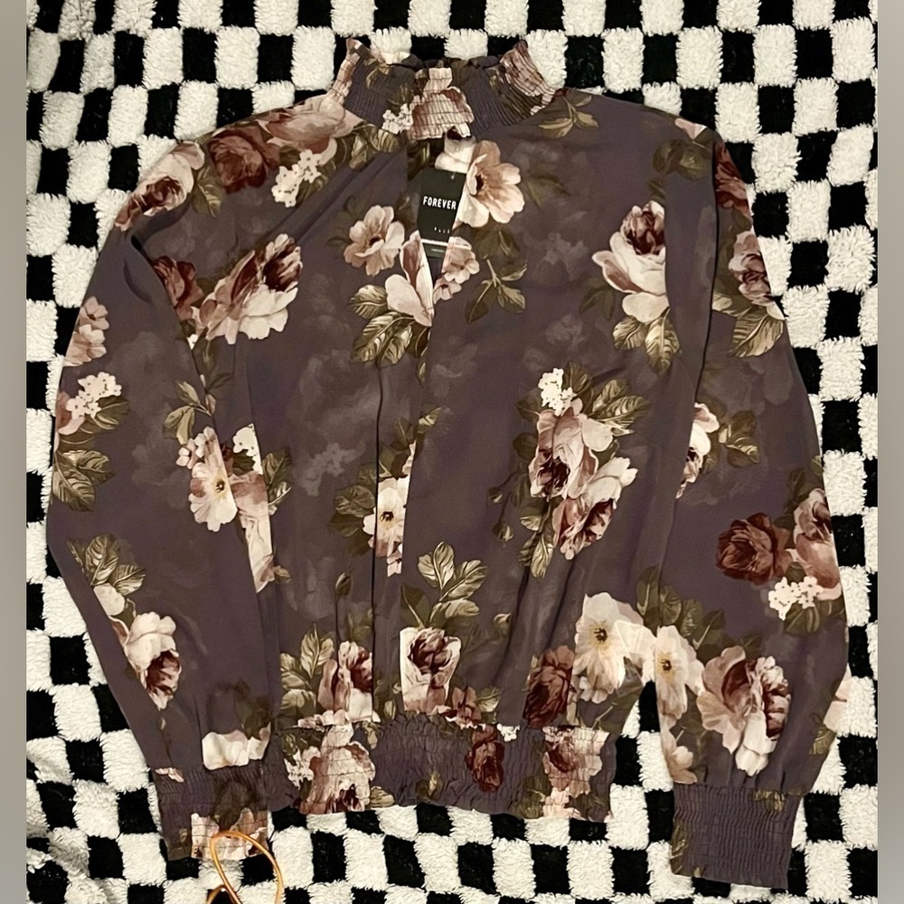 Forever 21 + Lilac Flowers Long Sleeve Sheer Blouse